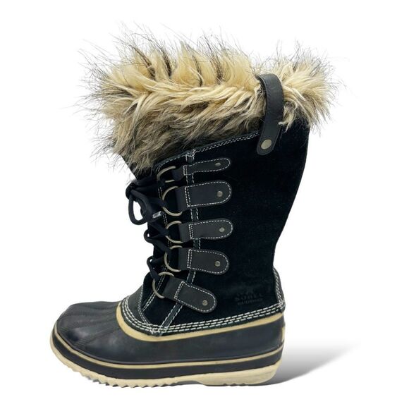 SOREL Black Suede JOAN OF ARTIC Faux Fur Trimmed Snow Boot Sz 8 - Picture 1 of 12